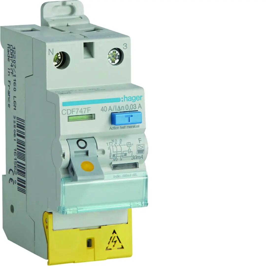 Produktfoto 1 von Hager CDF RCD/FI-Schalter, 2-polig, 40A, 30mA Typ F Hager 127 → 230V