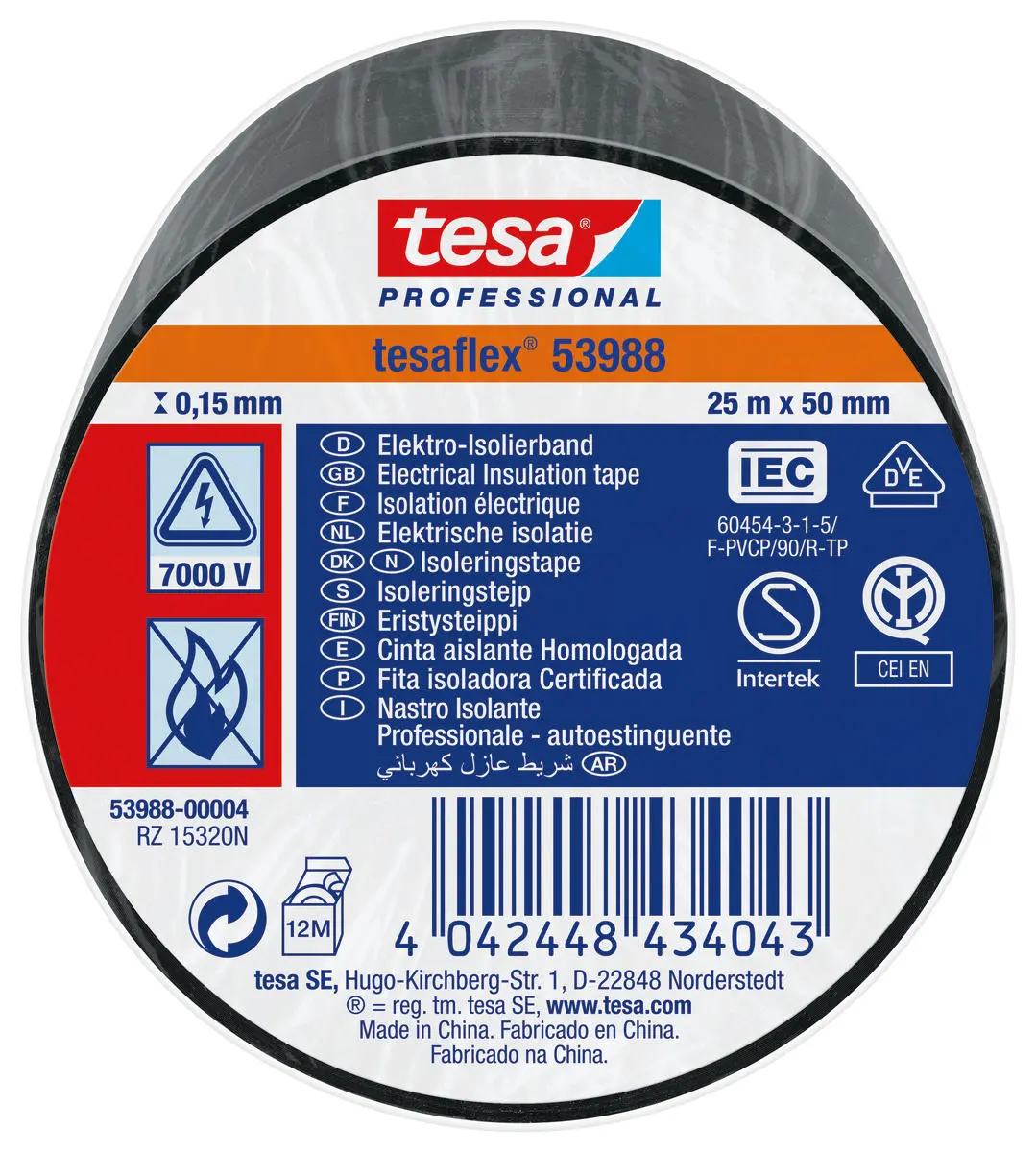 Produktfoto 1 von Tesa Tesa 53988 Polyvinylchlorid Isolierband Schwarz,  Stärke  150 μm x 50 mm x 25 m bis 90 °C