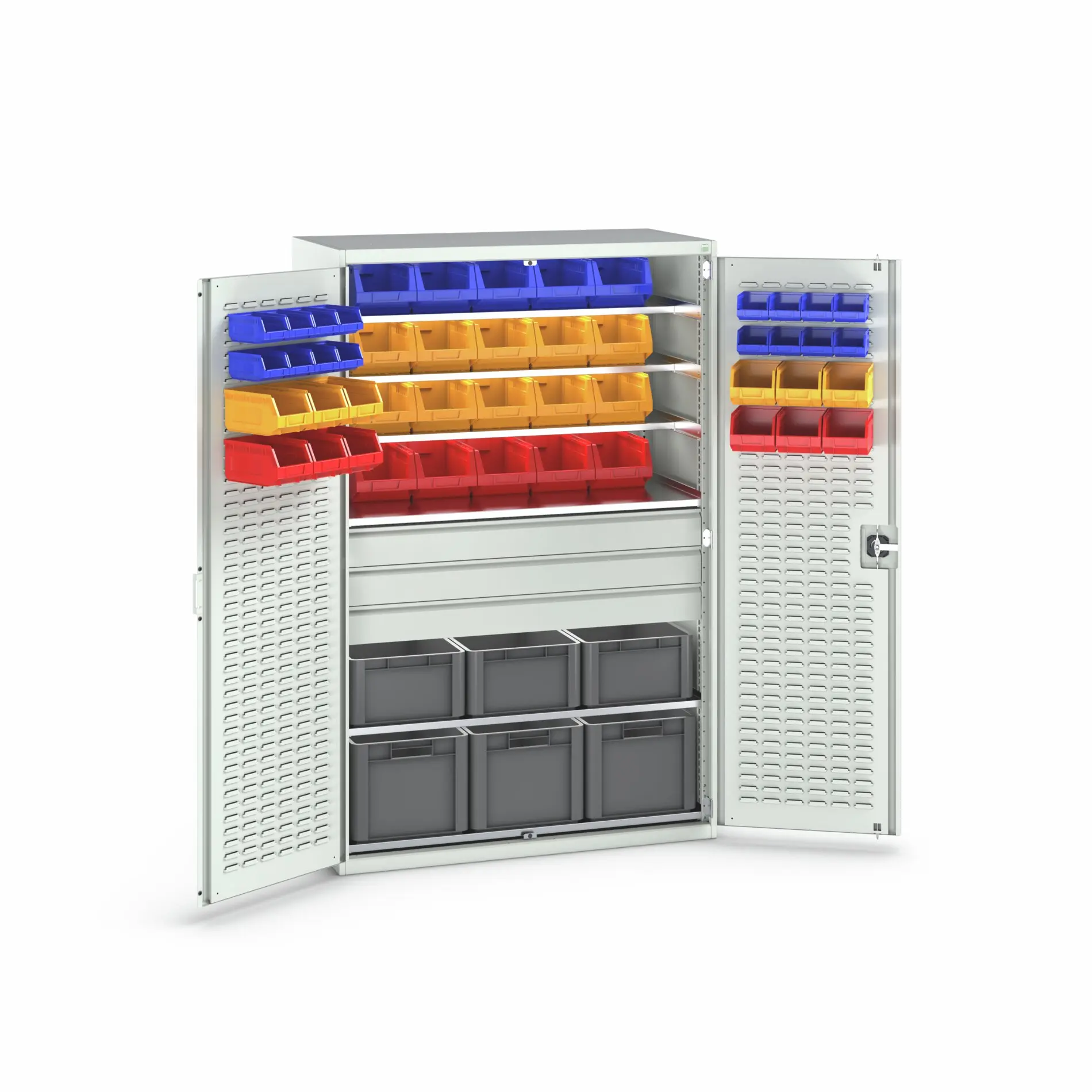 Bott Aufbewahrungsschrank Typ Schwerlast-Schrank mit Behältern Freistehend 2 Tür/en 6 Regal/e 3 Schublade/n 2000 mm 1300