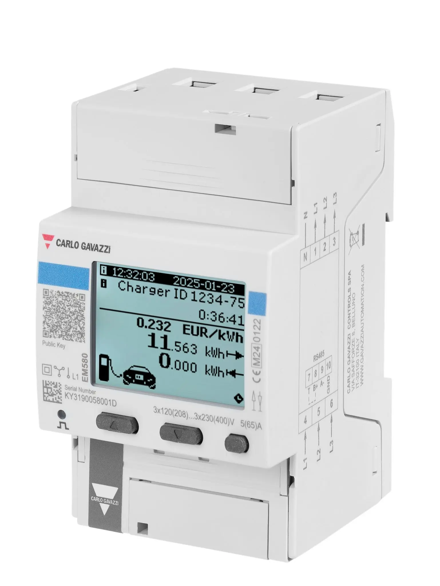 Produktfoto 1 von Carlo Gavazzi EM580 Energiemessgerät LCD 90 mm Kalibriert x 62.41 mm Energiemessgerät, 10-stellig / 3-phasig 4 Eing.