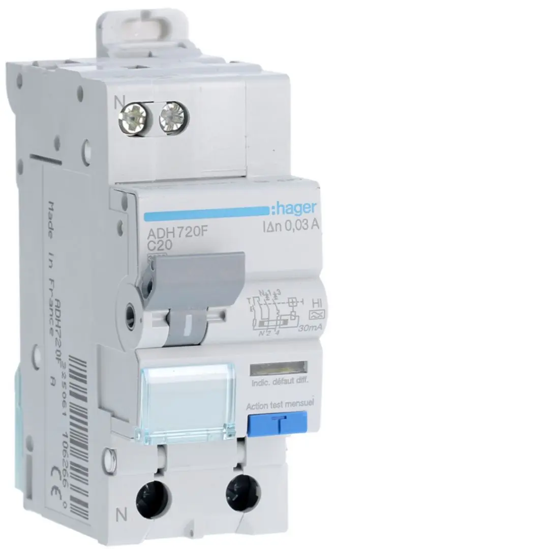 Produktfoto 1 von Hager RCBO ADH FI/LS-Schalter 20A, 1P+N-polig Typ A, Empfindlichkeit 30mA