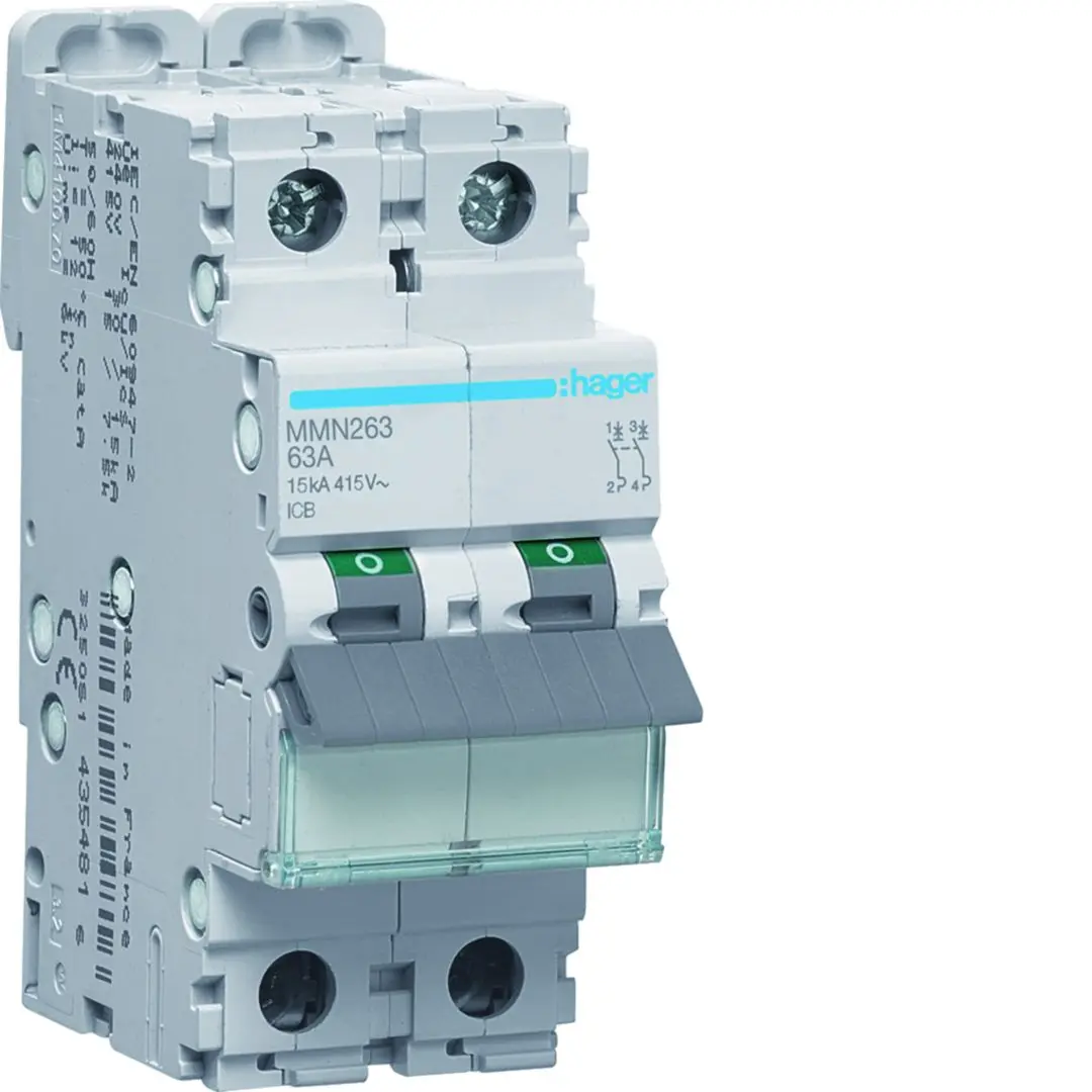 Produktfoto 1 von Hager MMN Miniaturüberlastschalter Magnetisch, Pol 2-polig 63 A 415 V ac, Abschaltvermögen 15 kA