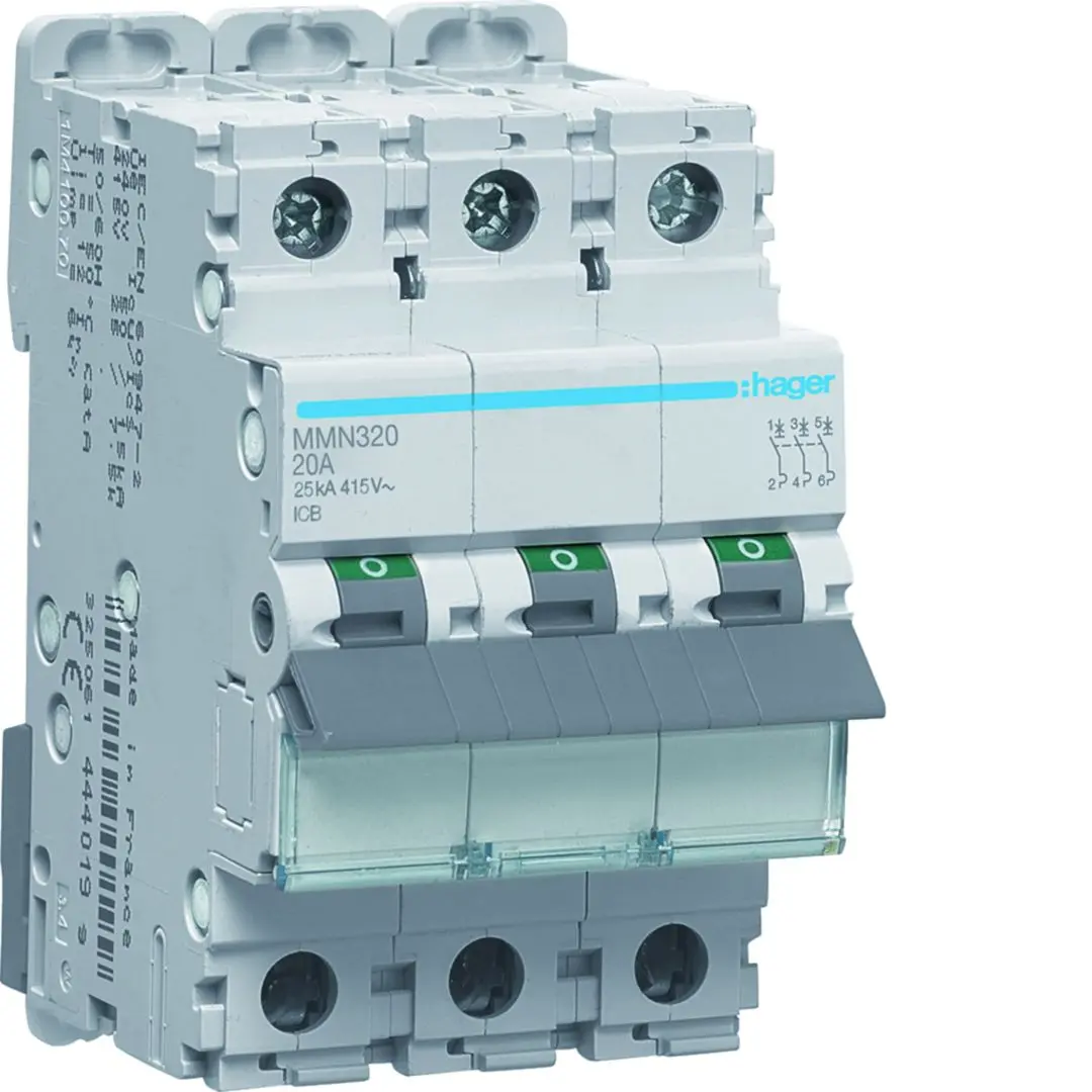 Produktfoto 1 von Hager MMN Miniaturüberlastschalter Magnetisch, Pol 3-polig 20 A 415 V ac, Abschaltvermögen 25 kA