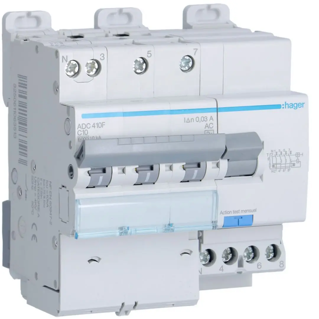 Produktfoto 1 von Hager RCBO ADC FI/LS-Schalter 10A, 3P+N-polig Typ AC, Empfindlichkeit 30mA