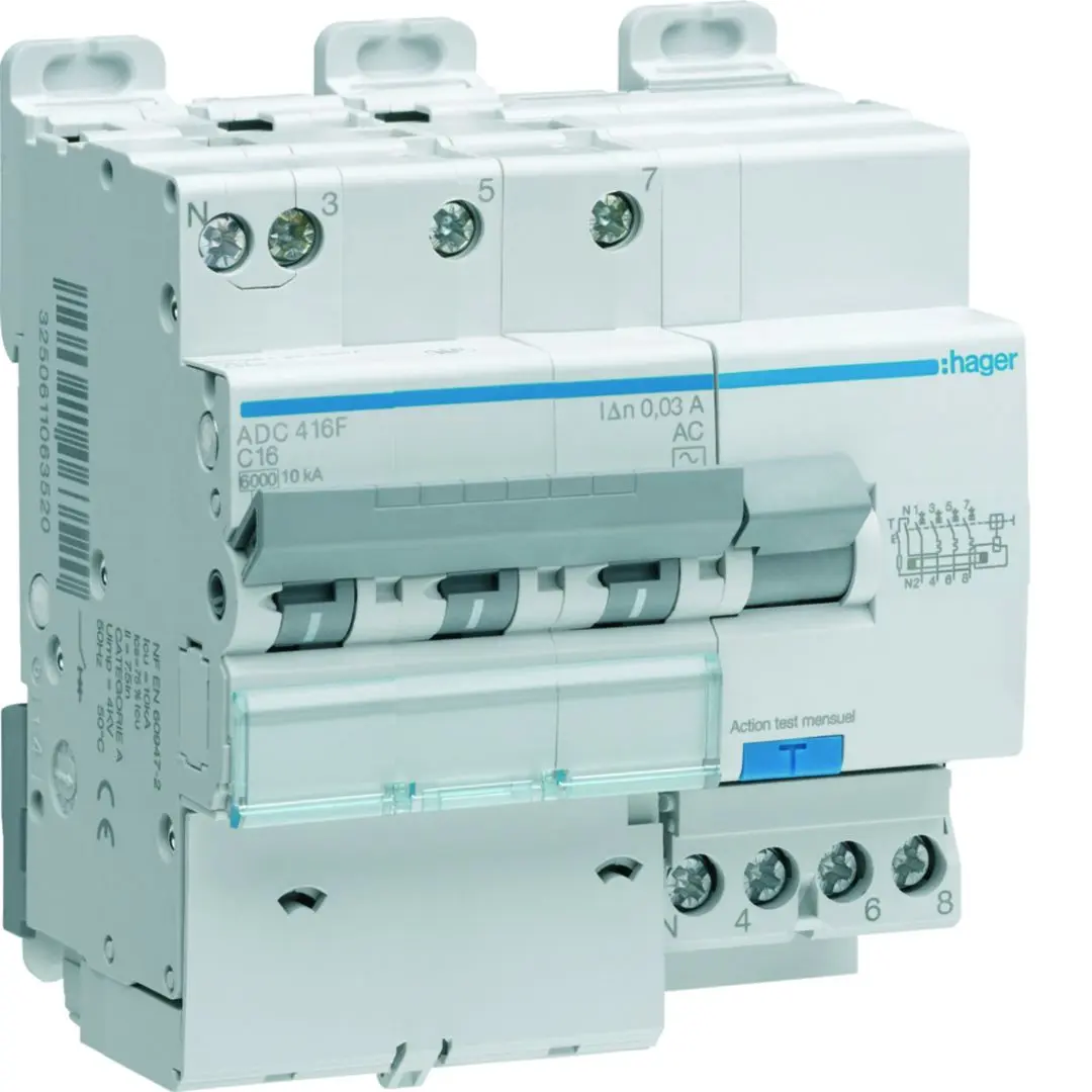 Produktfoto 1 von Hager RCBO ADC FI/LS-Schalter 16A, 3P+N-polig Typ AC, Empfindlichkeit 30mA