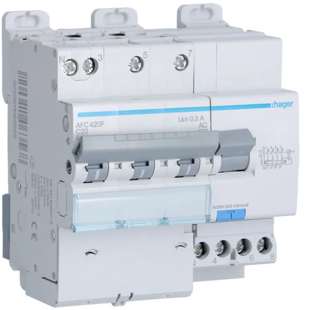 Produktfoto 1 von Hager AFC FI/LS-Schalter (RCBO) 20 A, 3-polig Typ C, Empfindlichkeit 300 mA