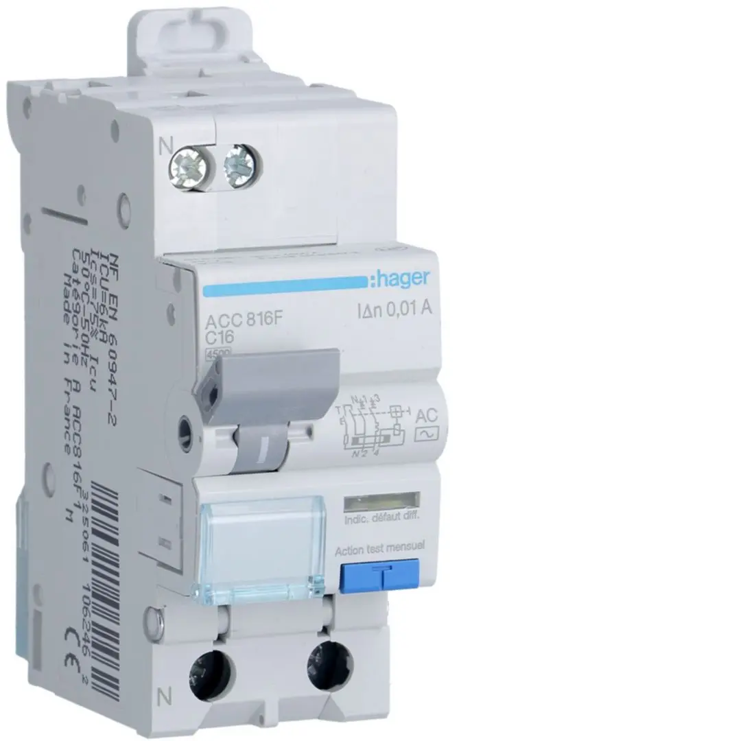 Produktfoto 1 von Hager RCBO ACC FI/LS-Schalter 16A, 1P+N-polig Typ AC, Empfindlichkeit 10mA