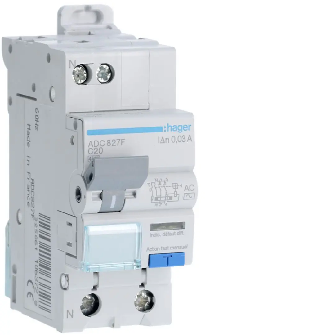 Hager RCBO ADC FI/LS-Schalter 20A, 1P+N-polig Typ AC, Empfindlichkeit 30mA