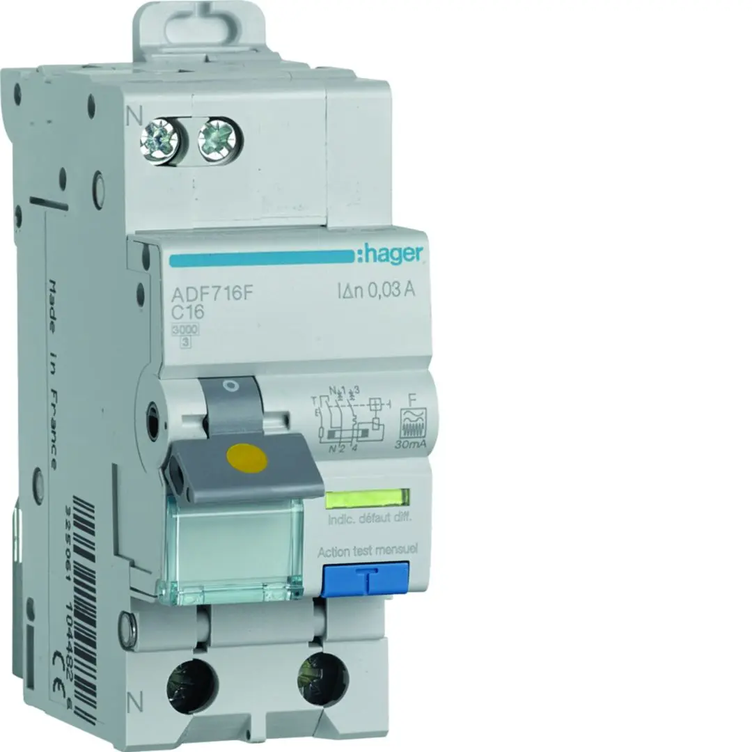 Produktfoto 1 von Hager RCBO ADF FI/LS-Schalter 16A, 1P+N-polig Typ F, Empfindlichkeit 30mA