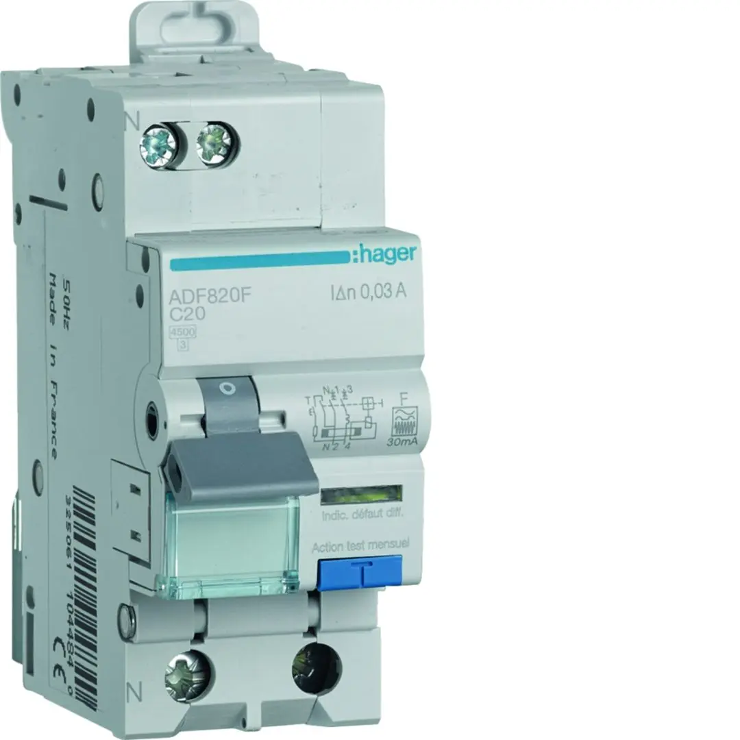 Produktfoto 1 von Hager RCBO ADF FI/LS-Schalter 30A, 1P+N-polig Typ F, Empfindlichkeit 30mA