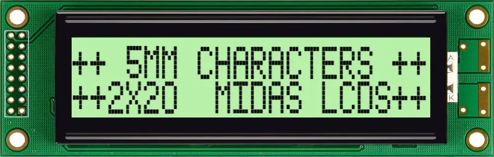 Produktfoto 1 von Midas MC22005A6W Monochrom LCD, LCD LED Schwarz 2 x 20 2 x 20 characters, Hintergrund Grün, Gelb, Parallel Interface