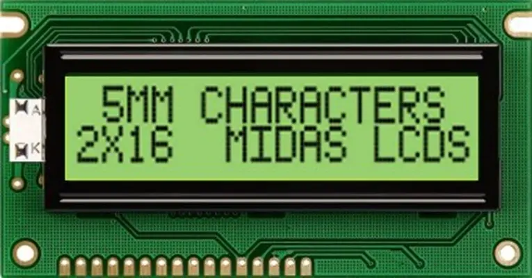 Produktfoto 1 von Midas MC21605AB6W Monochrom LCD, LCD LED Schwarz 2 x 16, Hintergrund Grün, Gelb, Parallel Interface