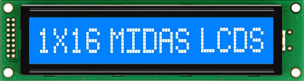 Produktfoto 1 von Midas MC11615A6W Monochrom LCD, LCD LED Weiß 1 Zeile mit 16 Zeichen, Hintergrund Blau, Parallel Interface