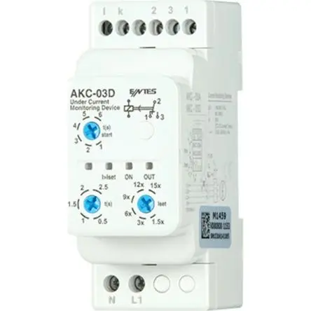 Produktfoto 1 von ENTES AKC Stromüberwachungsrelais 1-phasig, 1 Wechsler 0.5A - 60A, DIN-Hutschiene, 230V ac