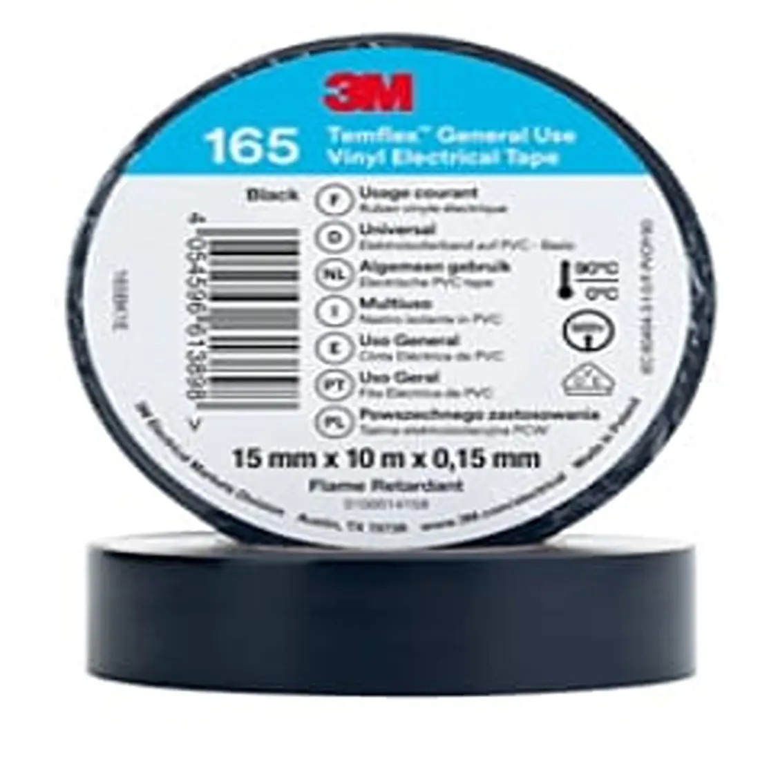 Produktfoto 1 von 3M Temflex Polyvinylchlorid Isolierband Schwarz,  Stärke  0.15 mm x 15 mm x 10 m, 0 °C bis 90 °C