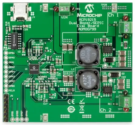 Produktfoto 1 von Microchip MCP19215 Boost LED Regler Evaluierungsplatine, Dual-Boost/SEPIC-Evaluierungsboard Boost-Controller, für