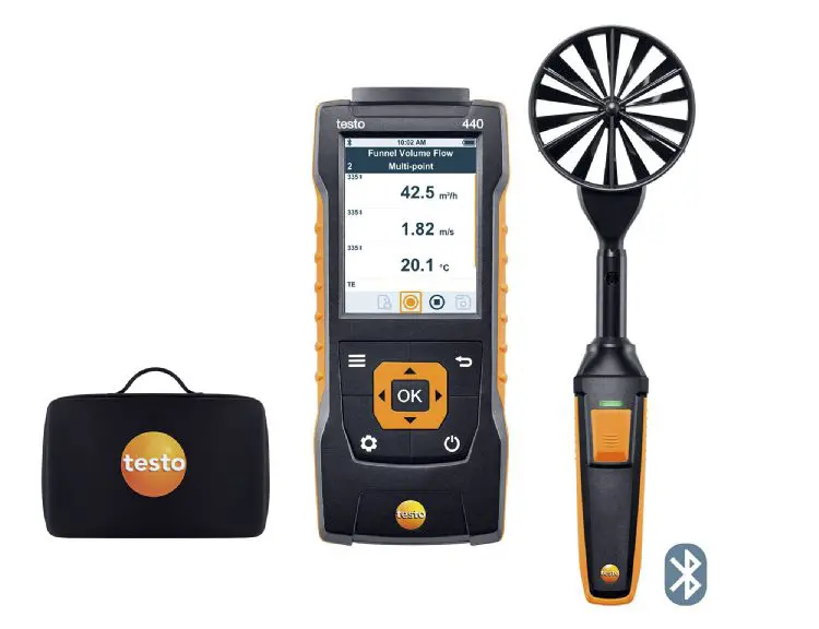 Produktfoto 1 von Testo 440 100 mm Vane Kit with Bluetooth Anemometer 50 °C max.Temp. 35 m/s, 0.01 m/s, Luftgeschwindigkeit, Volumenstrom,