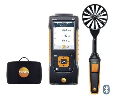 Produktfoto 1 von Testo 440 100 mm Vane Kit with Bluetooth Anemometer 50 °C max.Temp. 35 m/s, 0.01 m/s, Luftgeschwindigkeit, Volumenstrom,