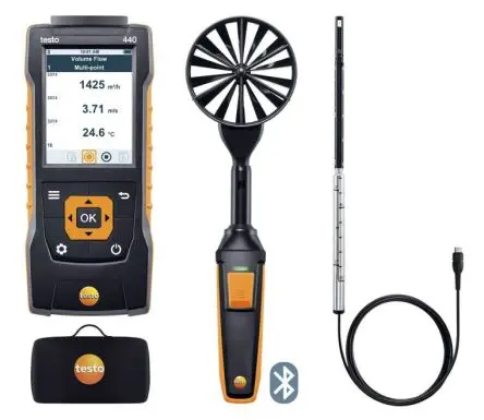Produktfoto 1 von Testo 440 Air Flow ComboKit 1 with Bluetooth Anemometer 50 °C max.Temp. 35 m/s, 0.01 m/s, Volumenstrom, Temperatur,
