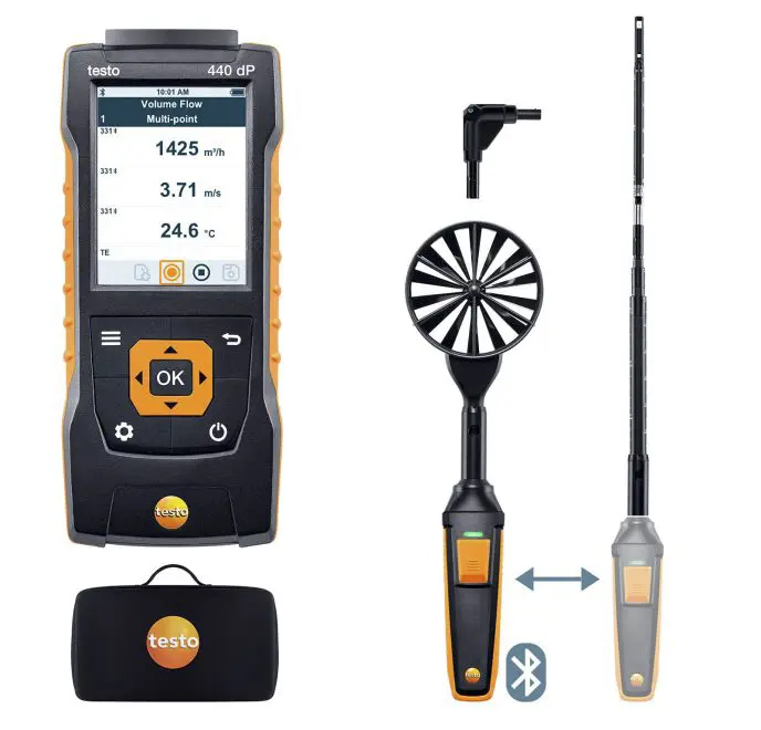 Produktfoto 1 von Testo 440 dP Air Flow ComboKit 1 with Bluetooth Anemometer 50 °C max.Temp. 50 m/s, 0.01 m/s, Luftfeuchtigkeit,