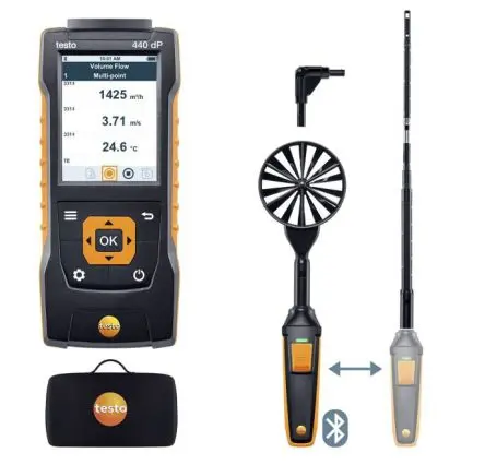 Testo 440 dP Air Flow ComboKit 1 with Bluetooth Anemometer 50 °C max.Temp. 50 m/s, 0.01 m/s, Luftfeuchtigkeit,