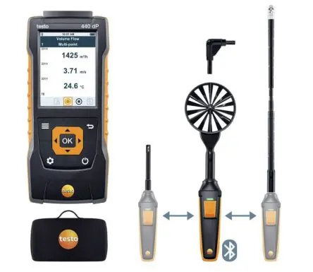 Produktfoto 1 von Testo 440 dP Air Flow ComboKit 2 with Bluetooth Anemometer 50 °C max.Temp. 50 m/s, 0.1 m/s, Differenzdruck,