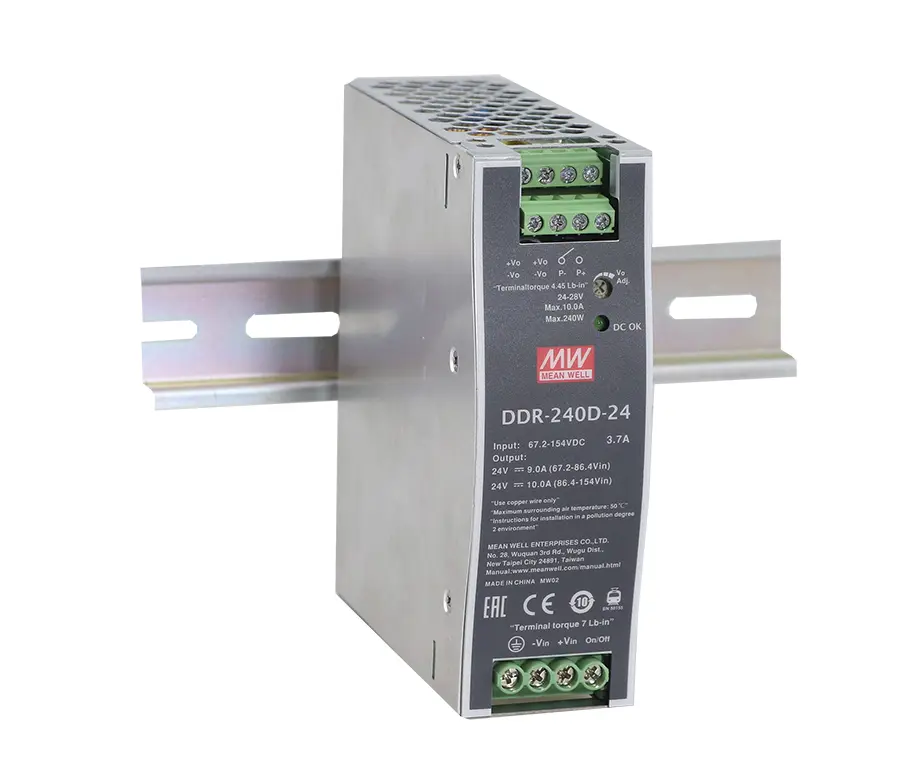 MEAN WELL DDR-240 DC/DC-Wandler 240W 16,8→ 33,6 V dc IN, 24V dc OUT / 10A DIN-Schienen-Montage 4kV dc isoliert