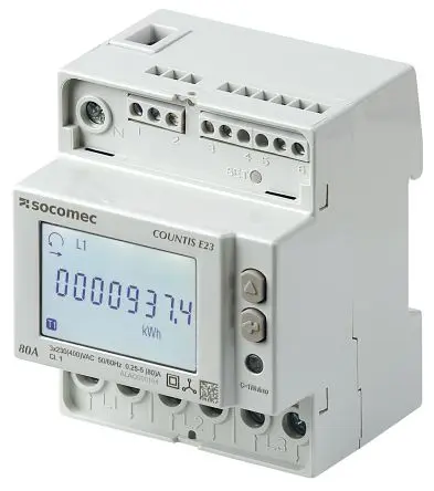 Produktfoto 1 von Socomec COUNTIS Energiemessgerät LCD 90 mm x 72 mm Digital, 8-stellig / 3-phasig 5 Ausg. 2 Eing. Impulsausgang
