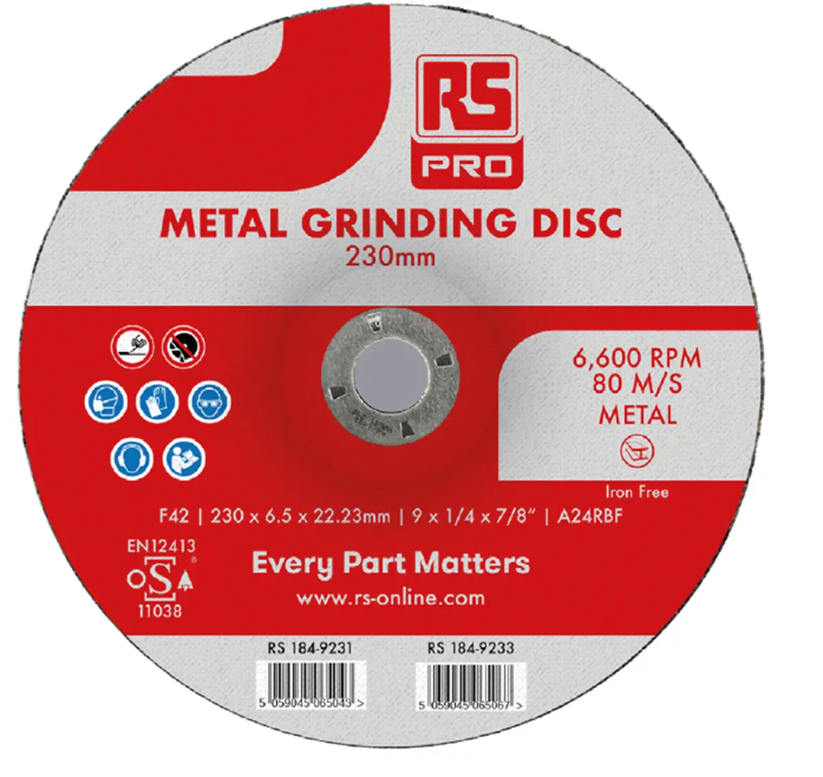 Produktfoto 1 von RS PRO Aluminiumbeschichtet Ø 230 mm / Stärke 6.5 mm, Korngröße 5 Fein 5 Per Pack