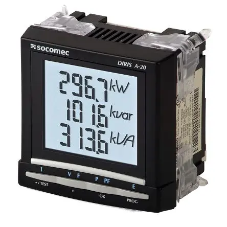 Produktfoto 1 von Socomec DIRIS A20 Energiemessgerät LCD-Hintergrundbeleuchtung 92 mm x 92 mm Digital / 3-phasig 1 Ausg. 3 Eing.