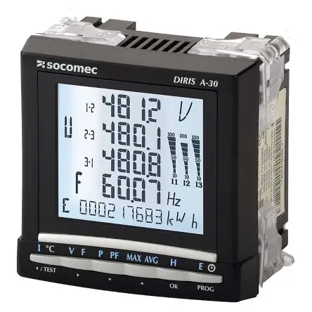 Produktfoto 1 von Socomec DIRIS A30 Energiemessgerät LCD-Hintergrundbeleuchtung 92 mm x 92 mm Digital / 3-phasig 2 Ausg. 2 Eing.