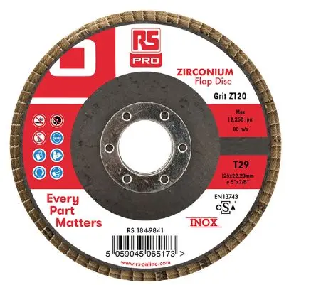 Produktfoto 1 von RS PRO Zirkonium Lamellenscheibe Ø 125 mm Fein, Korngröße 5 5 pro Paket