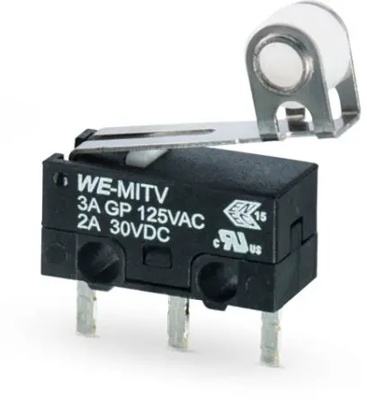 Produktfoto 1 von Wurth Elektronik Mikroschalter Hebel-Betätiger Lot, 1-poliger Wechsler, 125 V ac, 30 V dc, 3A 80g -40 °C - 85 °C