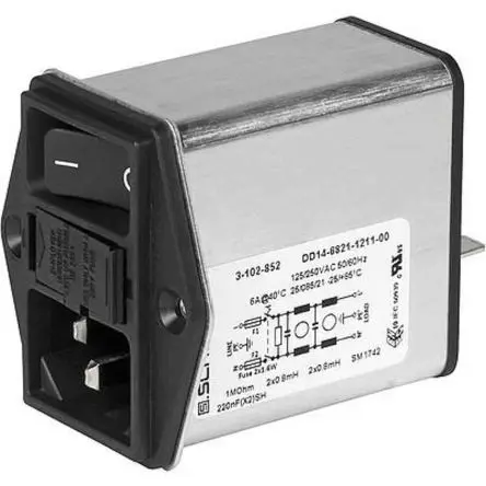 Produktfoto 1 von Schurter 6A C14 IEC-Steckverbinder mit 2-Pol Schalter 5 x 20 mm Sicherung, 250V ac, Schraubanschlussklemme