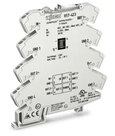 Produktfoto 1 von WAGO Serie Jumpflex Signalwandler 24V dc, Strom/Spannung / Strom 0 → 20 mA AUS DIN-Hutschiene, IECEx/ATEX