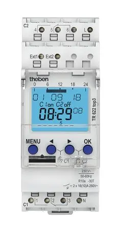 Produktfoto 1 von Theben Digital TR 622 Top3 DIN-Schienen-Zeitschaltuhr 230V ac, 2-Kanal, DuoFix Feder, 84 Speicherplätze