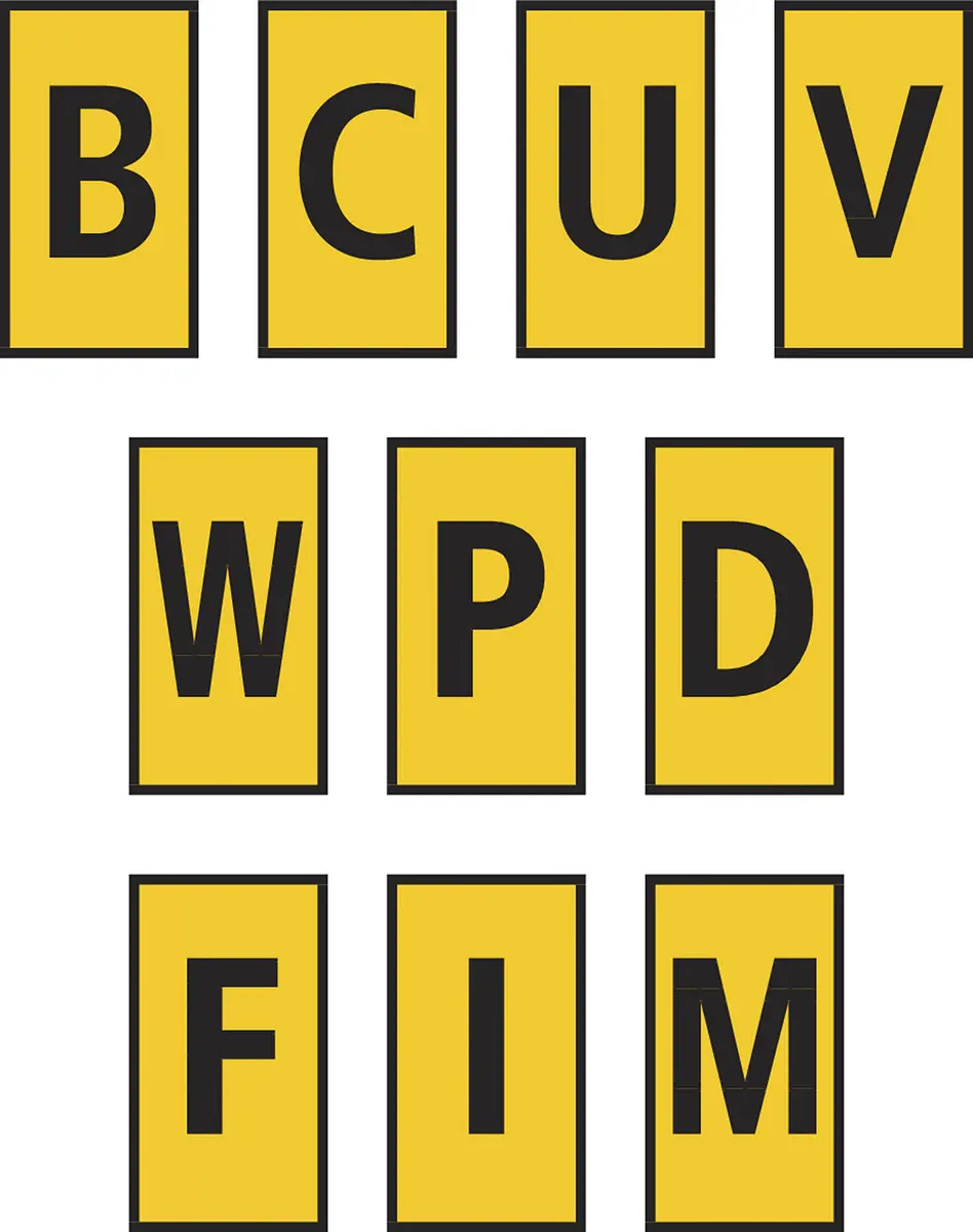Produktfoto 1 von HellermannTyton WIC0 Kabelmarkierung Schnappbefestigung, Beschriftung: C, W, F, I, M, P, V, B, U, D, Schwarz Gelb, Ø 0.8