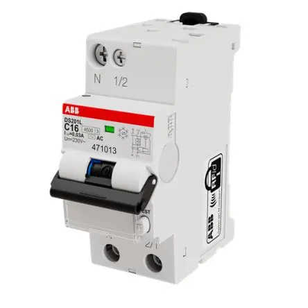 Produktfoto 1 von ABB DS201 FI/LS-Schalter (RCBO) 16A, 1-polig Typ C, Empfindlichkeit 30 mA