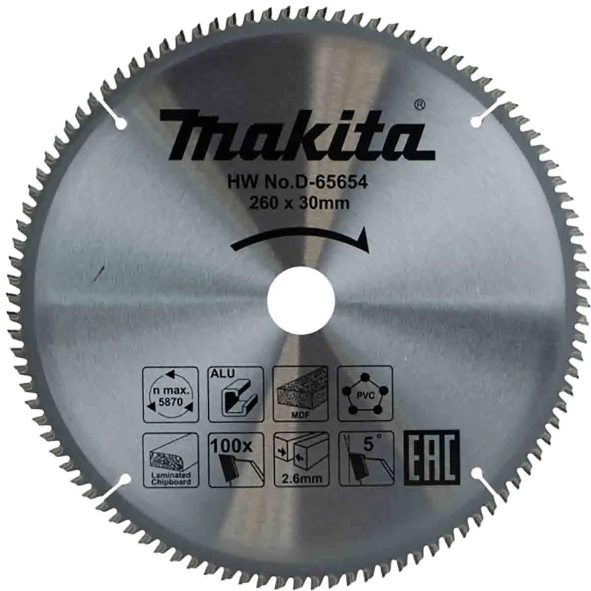 Produktfoto 1 von Makita 100 Wolframcarbid Kupfer, Messing, Polyvinylchlorid, Holz, Aluminium Kreissägeblatt, Ø 260 mm 1