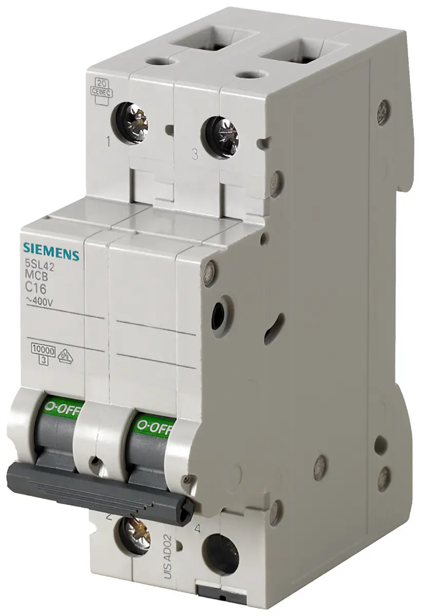 Produktfoto 1 von Siemens 5SL4 Miniaturüberlastschalter Typ D, Pol 2-polig 4 A 400 V ac, Abschaltvermögen 10 kA SENTRON 60 V dc