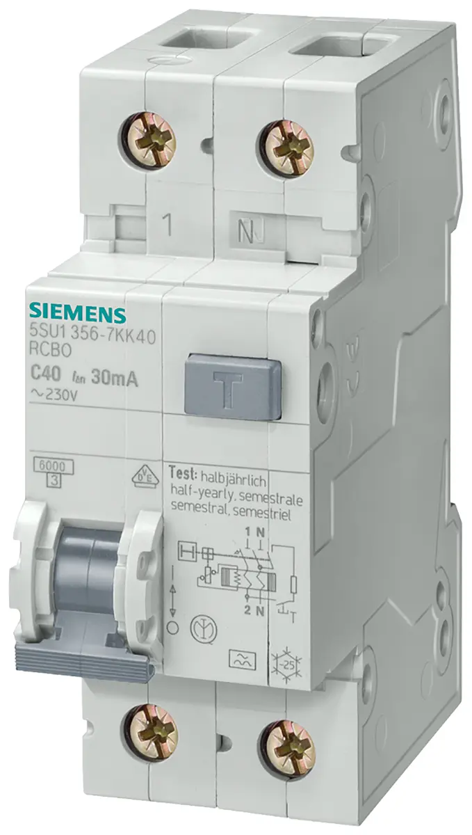 Produktfoto 1 von Siemens SENTRON 5SU1 FI/LS-Schalter (RCBO) 10 A, 2-polig Typ AC, Empfindlichkeit 30 mA