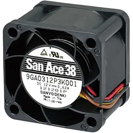 Produktfoto 1 von Sanyo Denki 9GA Axiallüfter, Kugel, 12V dc / 6.2 W 520 mA, 6300 U/min, 34.1 m³/h IP68 38 mm 38mm 28 mm