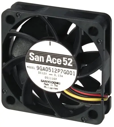 Produktfoto 1 von Sanyo Denki 9GA Axiallüfter, Kugel, 12V dc / 1.56 W 130 mA, 6300 U/min, 30.1 m³/h IP68 52 mm 52mm 15 mm