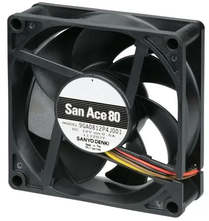 Produktfoto 1 von Sanyo Denki 9GA Axiallüfter, Kugel, 12V dc / 2.64 W 220 mA, 6300 U/min, 87.5 m³/h IP68 80 mm 80mm 25.2 mm