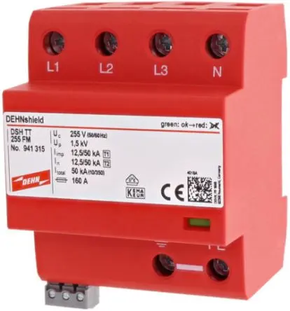 Produktfoto 1 von Dehn DSH TT Überspannungsableiter Überspannungsableiter 50 kA 255V, DIN-Hutschiene, -40 °C→80 °C