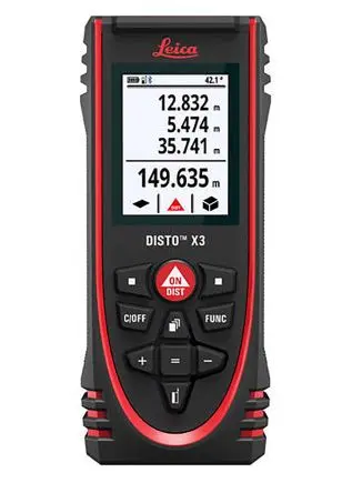 Produktfoto 1 von Leica DISTO X3 Digital Laser Entfernungsmesser, Klasse 2, 0.05/150 μm, 635 nm, ±1 mm, Rot, AA 2 x 1,5 V