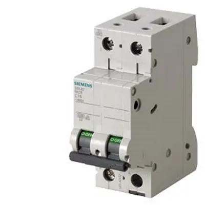 Produktfoto 1 von Siemens 5SL4 Miniaturüberlastschalter Typ C, Pol 2-polig 16 A 400 V ac, Abschaltvermögen 10 kA SENTRON 72 V dc