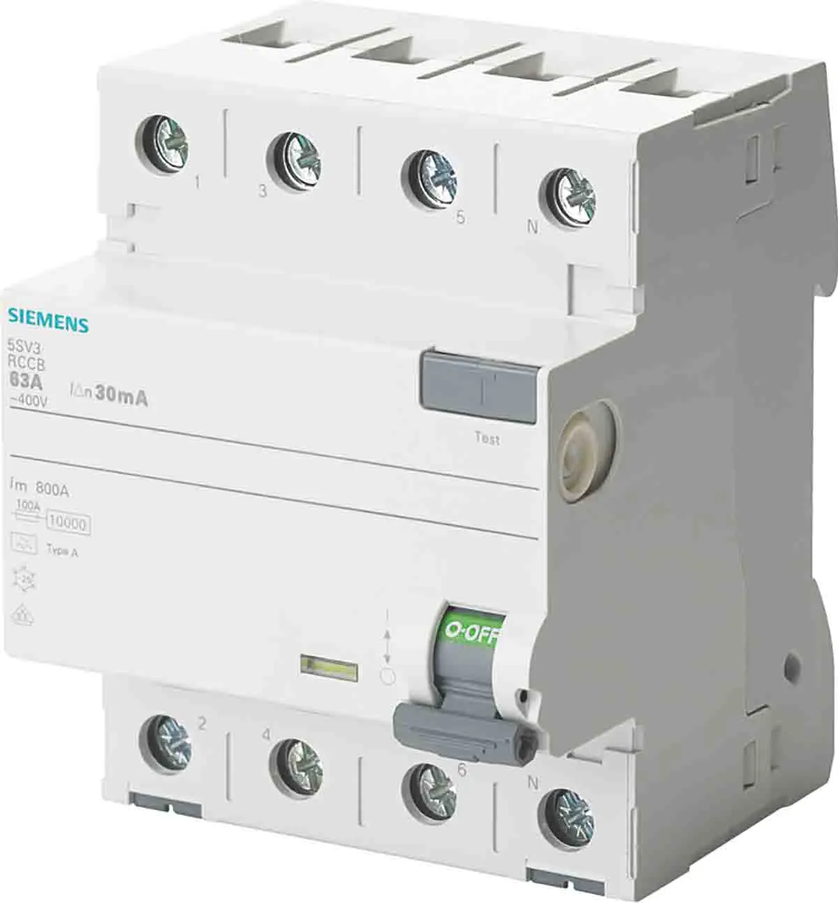 Produktfoto 1 von Siemens 5SV3 RCCB, 4-polig, 63A, 100mA Typ A SENTRON 400V ac