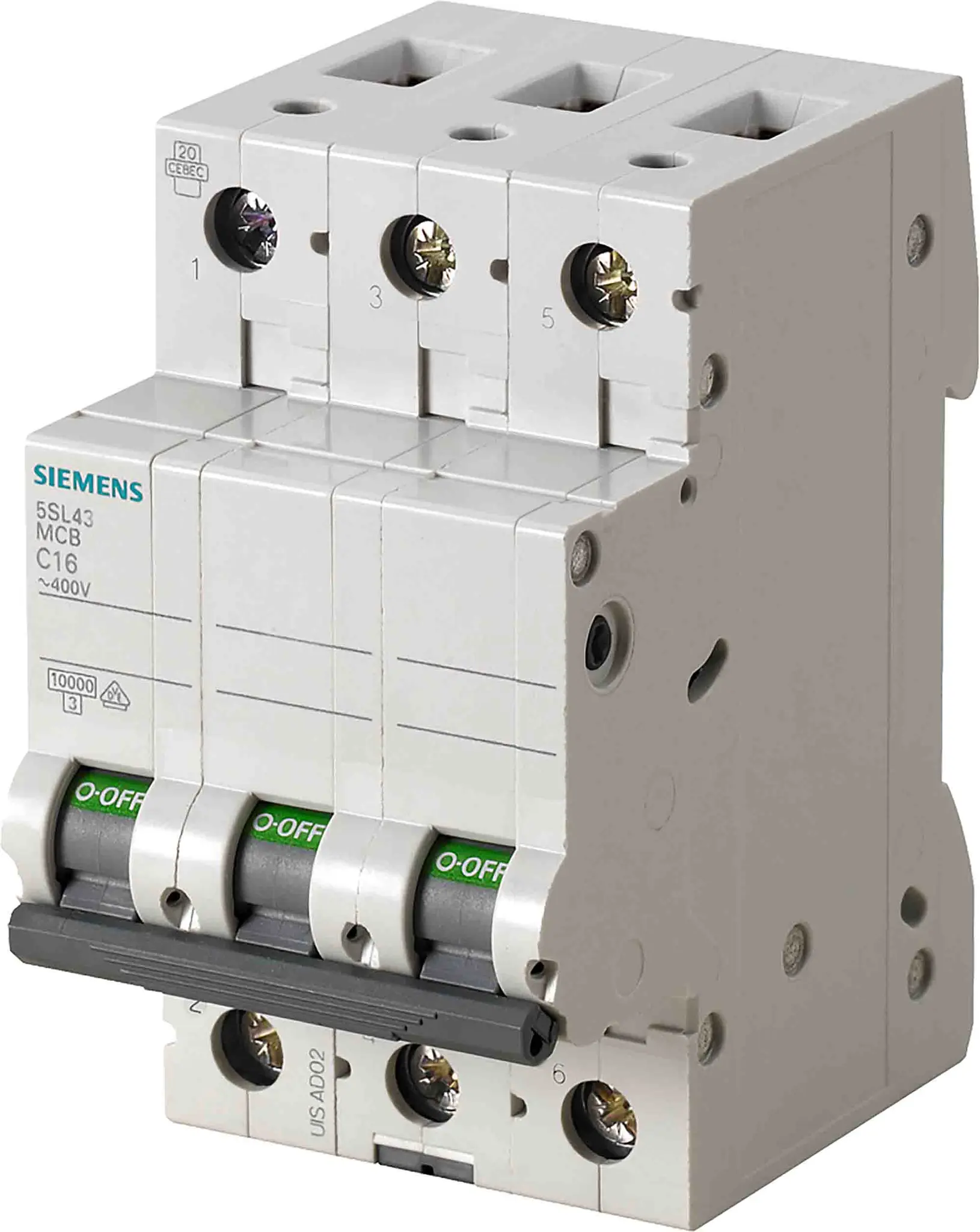 Produktfoto 1 von Siemens 5SL4 Miniaturüberlastschalter Typ C, Pol 3-polig 6 A 400 V ac, Abschaltvermögen 10 kA SENTRON 72 V dc
