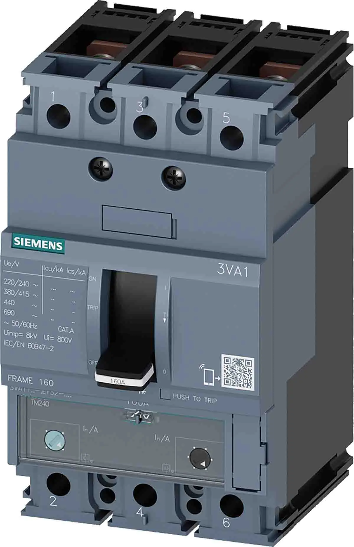 Produktfoto 1 von Siemens SENTRON 3VA1, Kompaktschutzschalter 3-polig, 100 A / Abschaltvermögen 36 kA 690 V ac 500 V dc